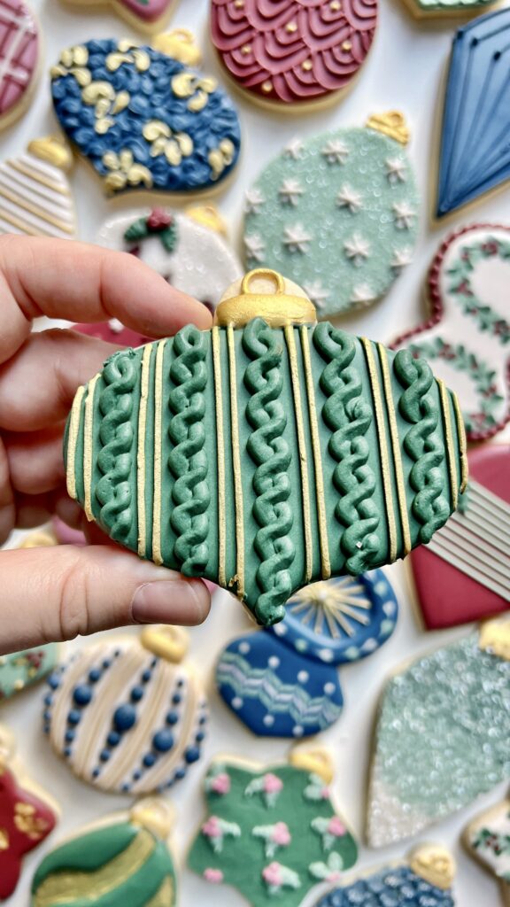 ornament cookie decorated with royal icing 
