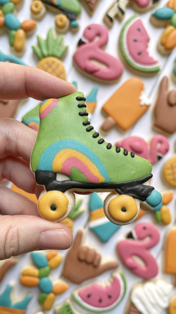 rollerskates cookie decorated with royal icing 