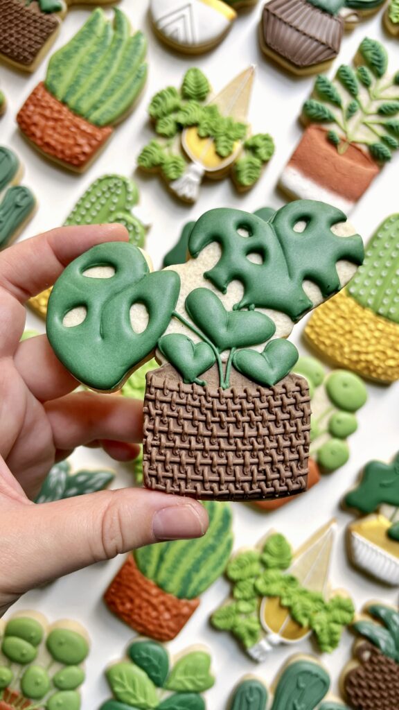 monstera cookie decorated with royal icing 