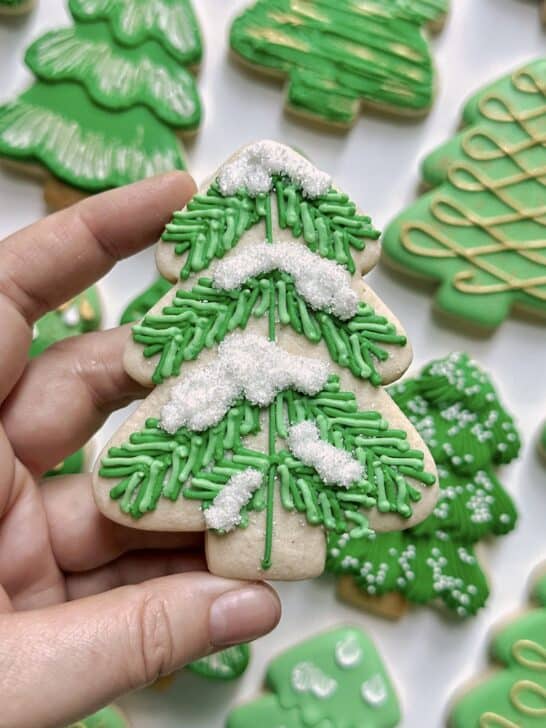 christmas tree cookie decorated with royal icing to demonstrate how much icing is needed for details
