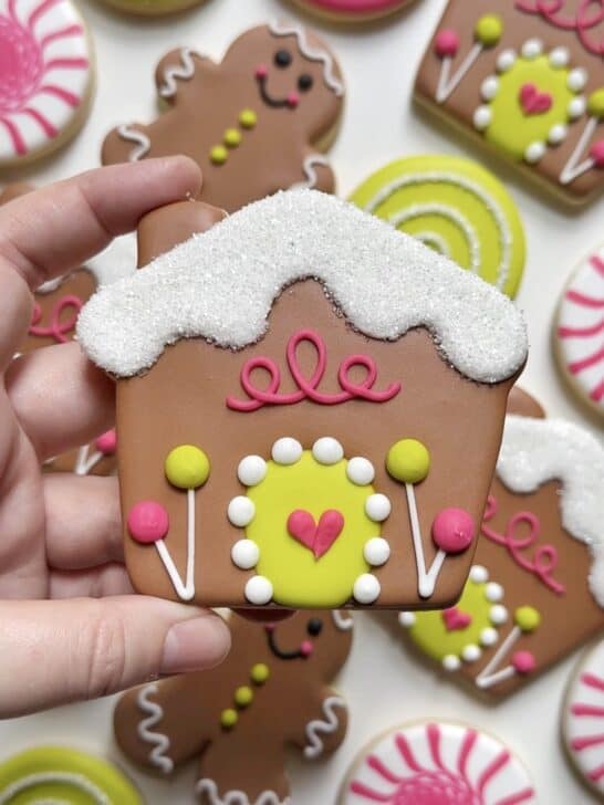 gingerbread house cookie decorated with royal icing to demonstrate how much icing is needed for details