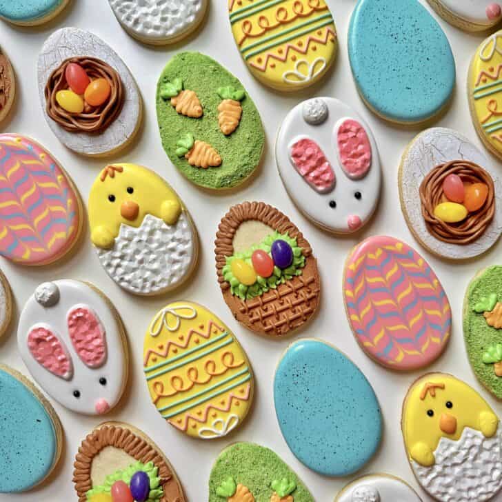 photo of easter egg sugar cookies decorated with royal icing 