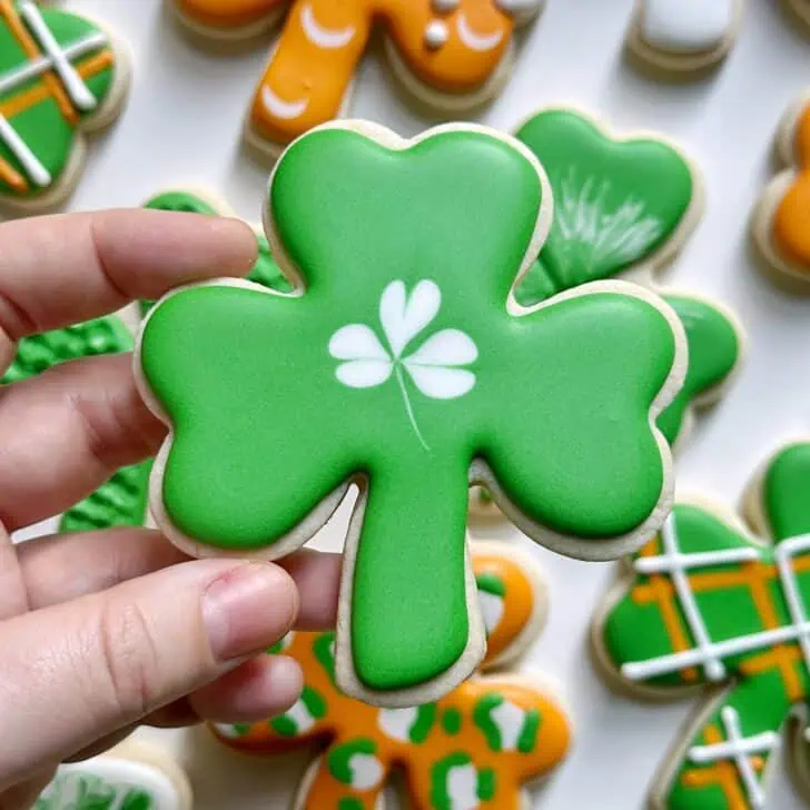 easy shamrock cookie decorated with royal icing