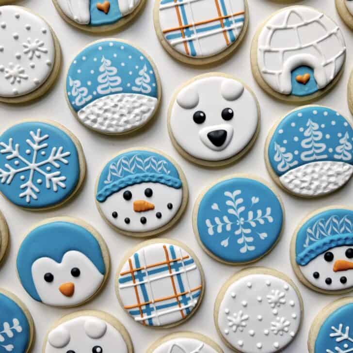 photo of winter circle sugar cookies decorated with royal icing