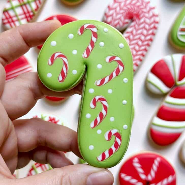 wet on wet Candy Cane Decorated Cookies with royal icing