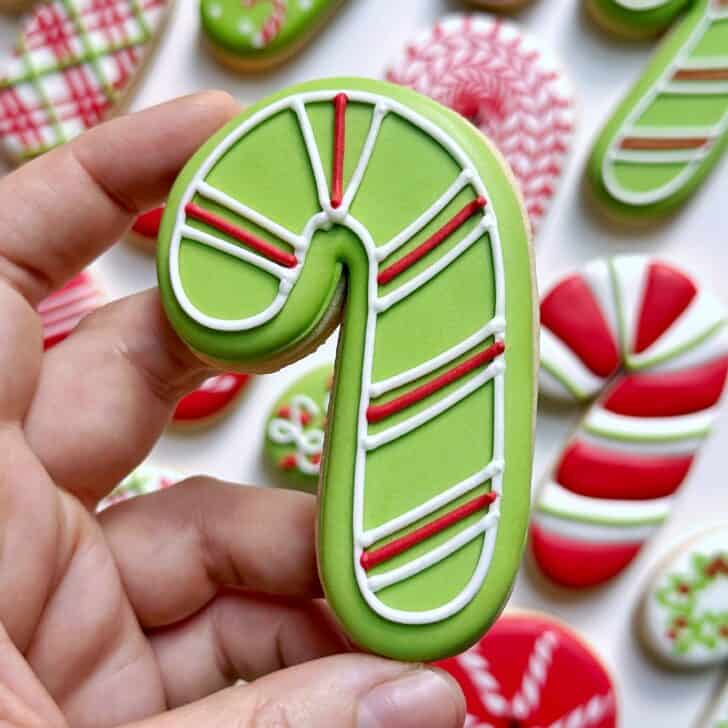 green stripe Candy Cane Decorated Cookies with royal icing