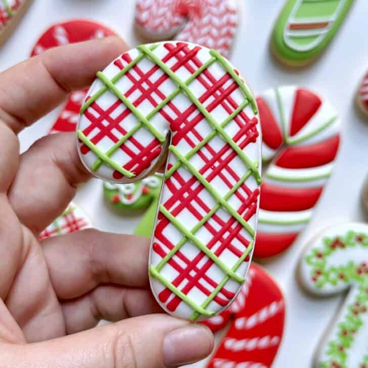 plaid Candy Cane Decorated Cookies with royal icing