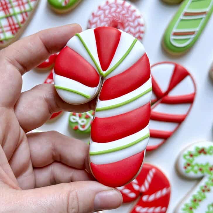 puffy Candy Cane Decorated Cookies with royal icing