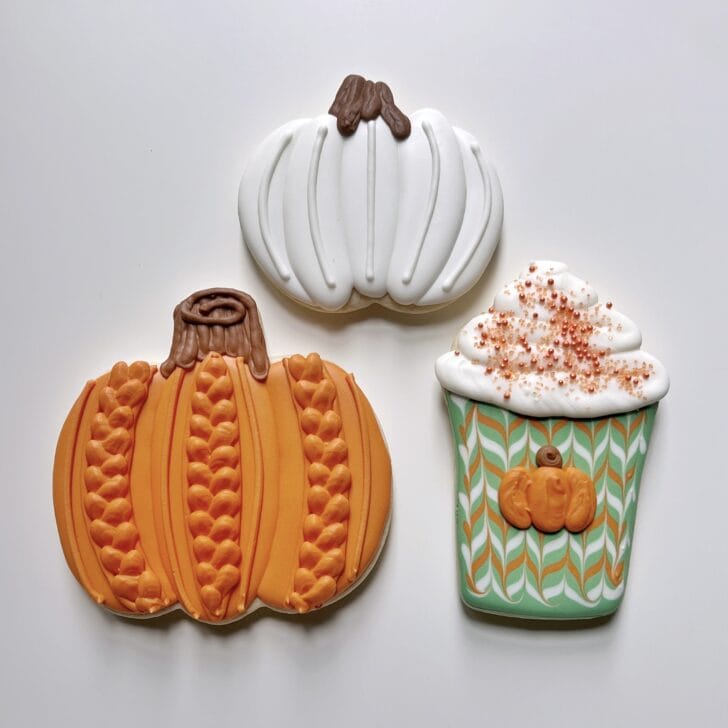 Pumpkin Spice Latte Cookies decorated with royal icing