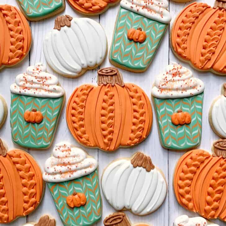 Pumpkin Spice Latte Cookies decorated with royal icing