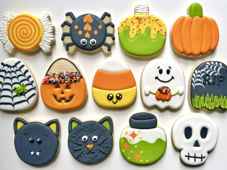photo of cute decorated halloween cookies decorated with royal icing