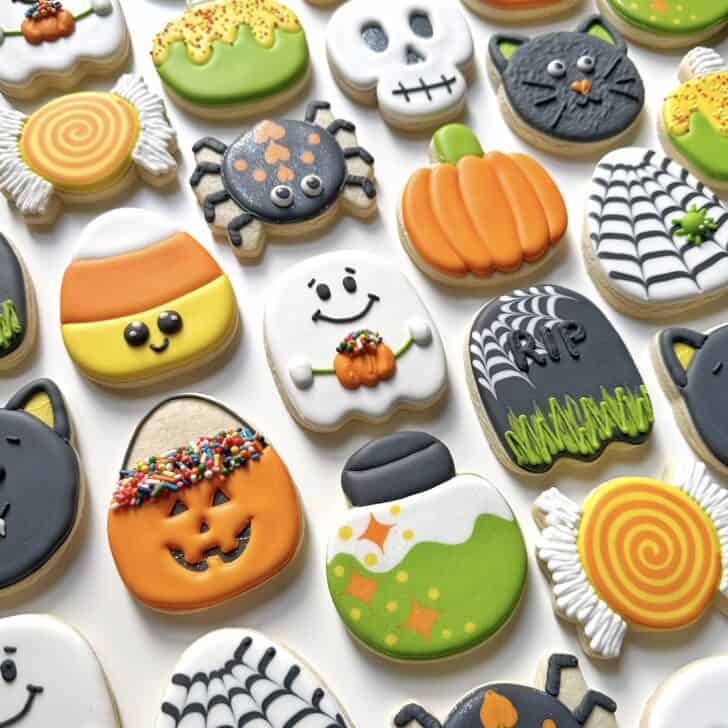 photo of cute decorated halloween cookies decorated with royal icing