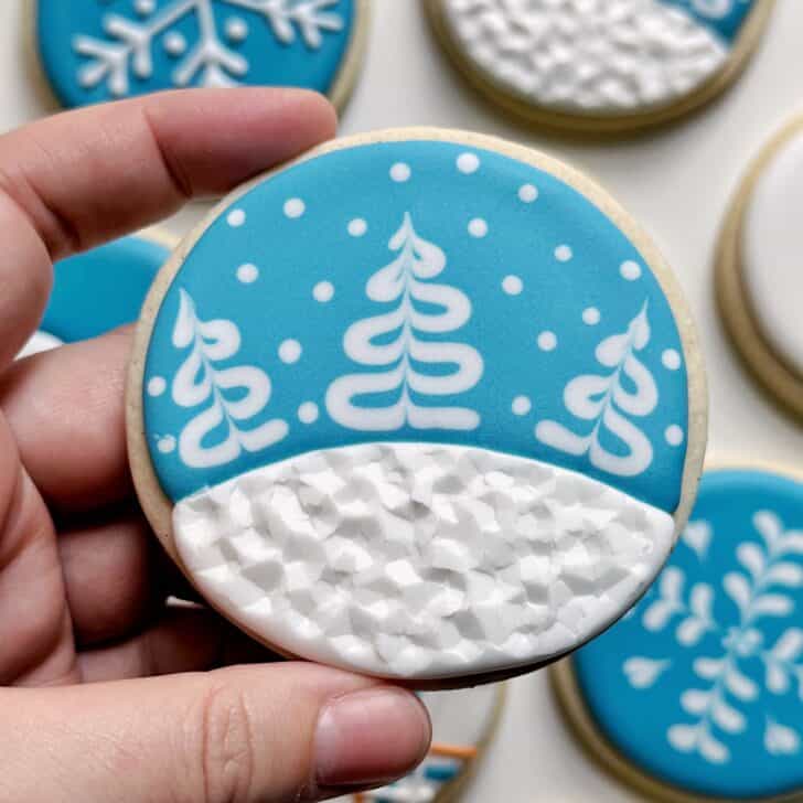 snow scene cookies decorated with royal icing