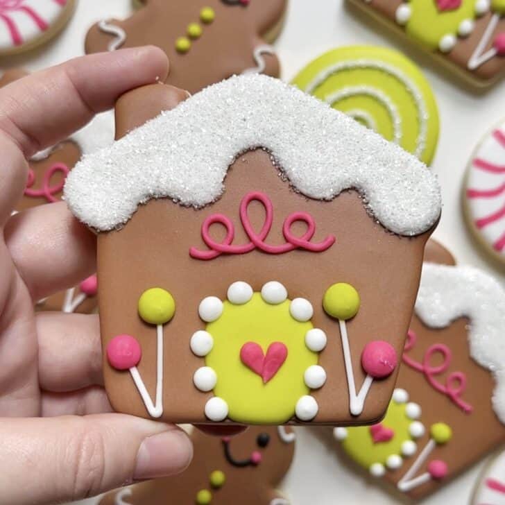 Gingerbread house Sugar Cookies decorated with royal icing