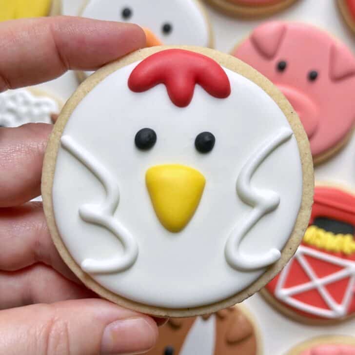 chicken cookies decorated with royal icing