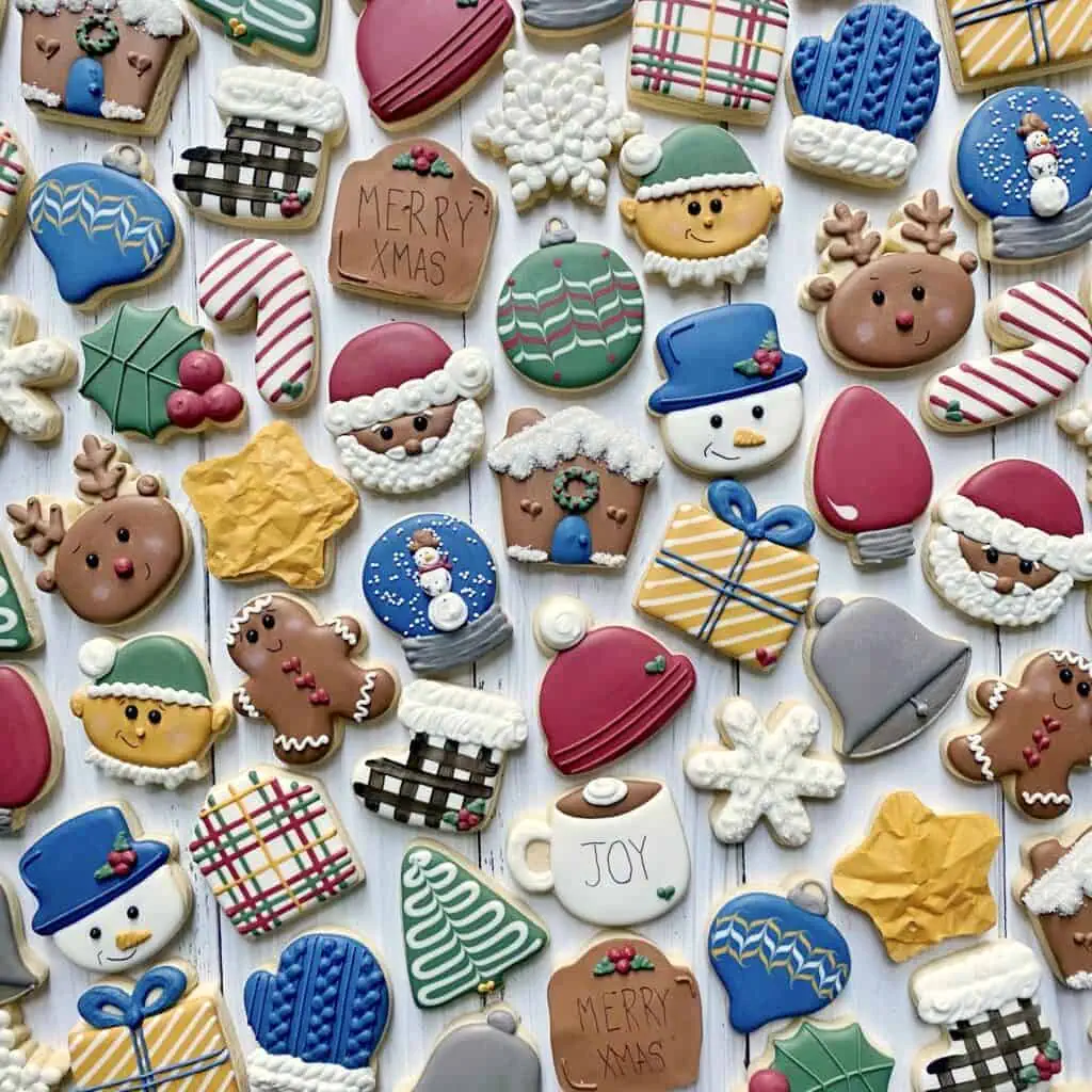mini christmas cookies decorated with royal icing 