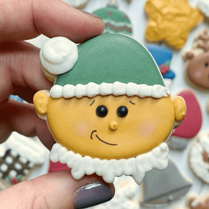 elf cookie decorated with royal icing