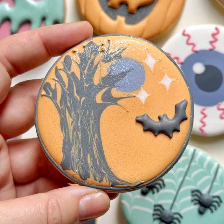 halloween night cookie decorated with royal icing