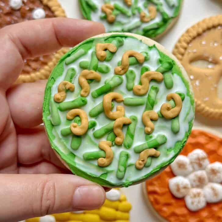 green bean casserole cookie decorated with royal icing
