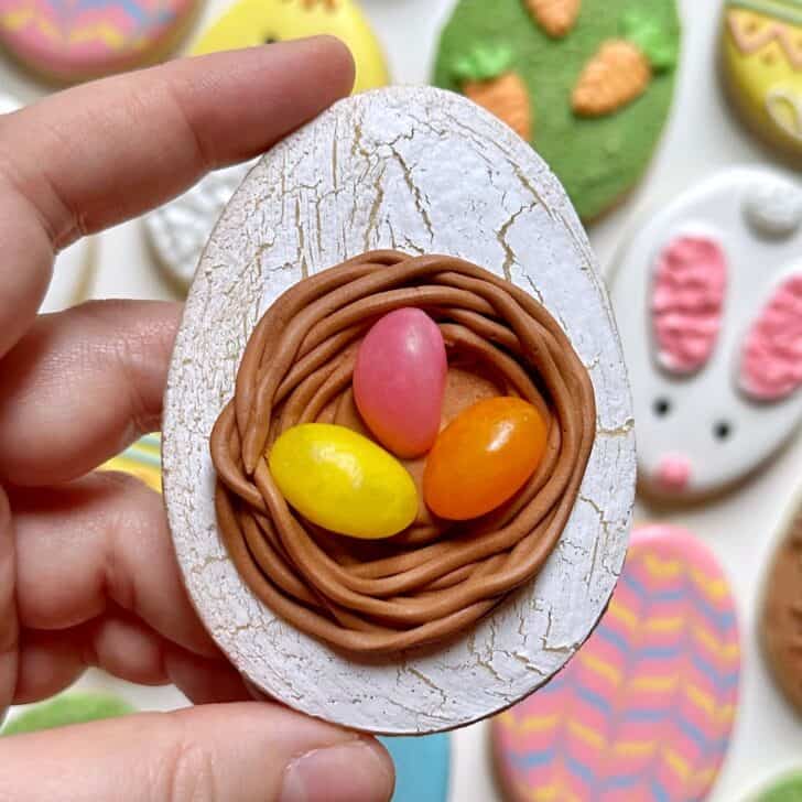 crackle effect on easter egg sugar cookie decorated with royal icing 