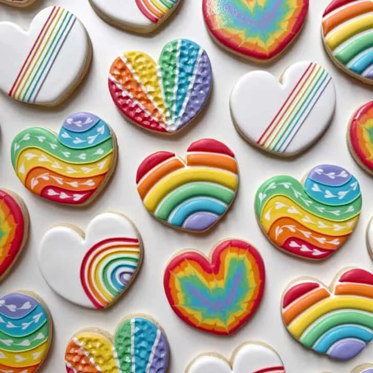 rainbow heart cookies decorated with royal icing