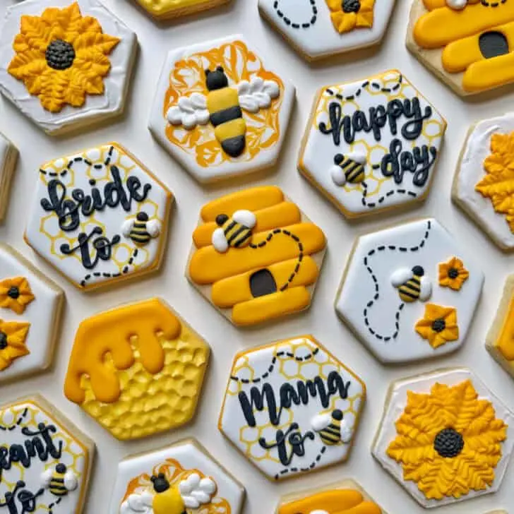 bee cookies decorated with royal icing