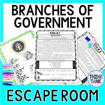 Branches of Government ESCAPE ROOM! Legislative, Executive, Judicial Branch