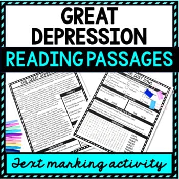 Great Depression Reading Passages, Questions and Text Marking Word Search
