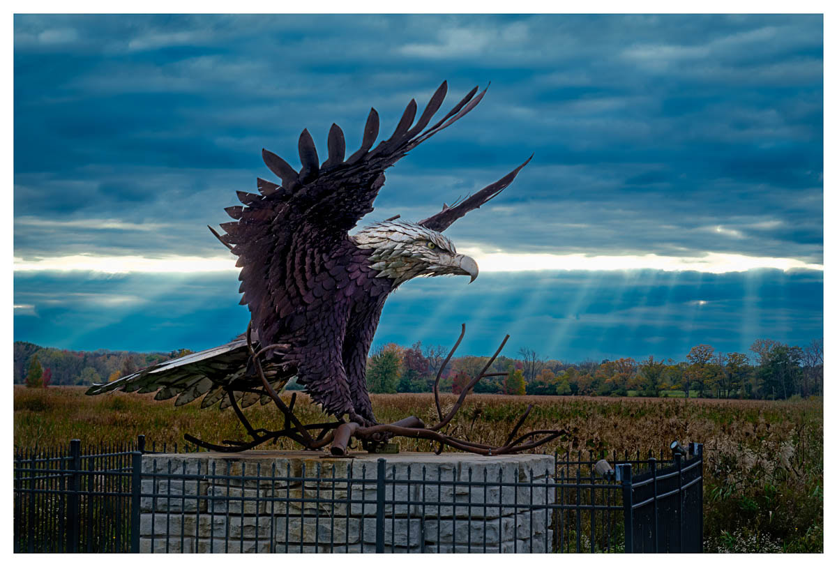 The eagle sculpture that sets along Interstate 90 at Montezuma National Wildlife Refuge.