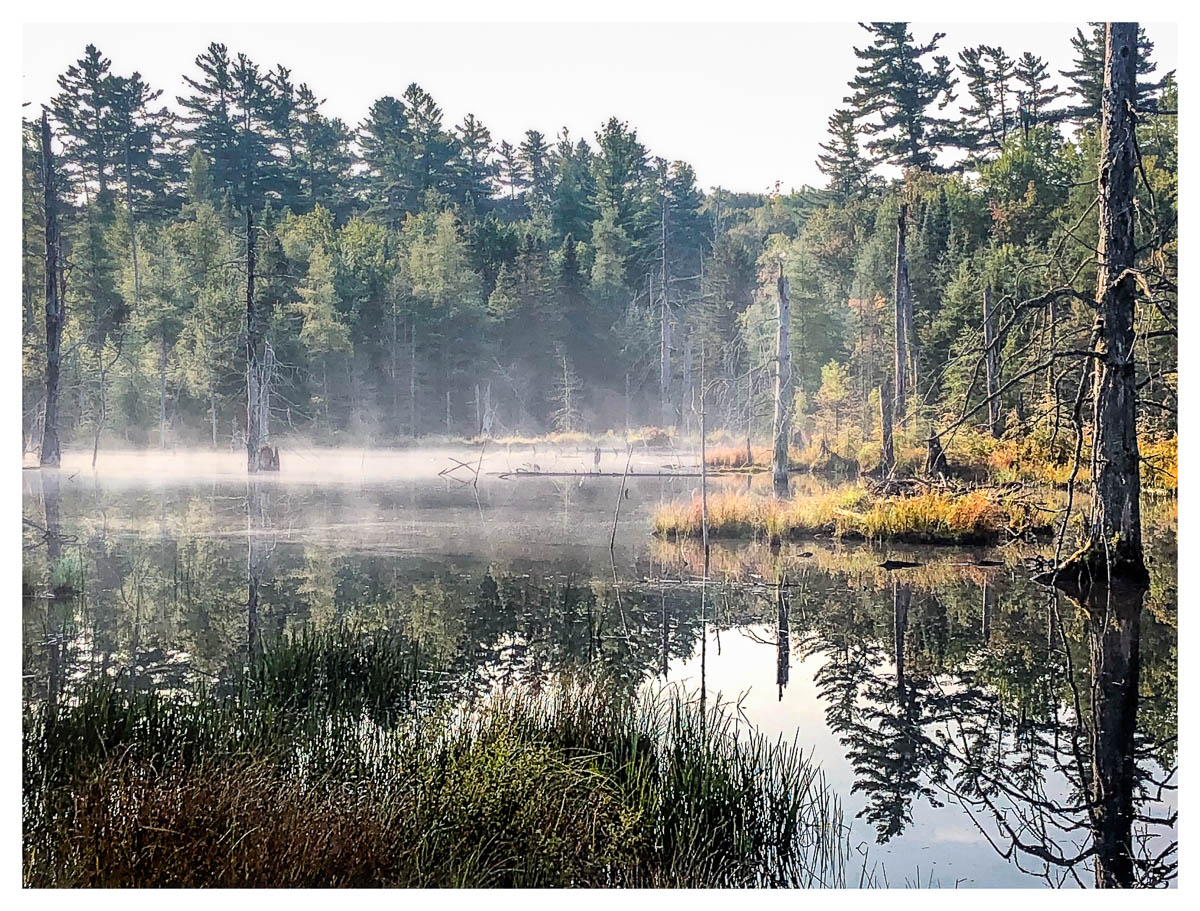 Morning mist rising off a bay of Cranberry Lake at the beginning of autumn.