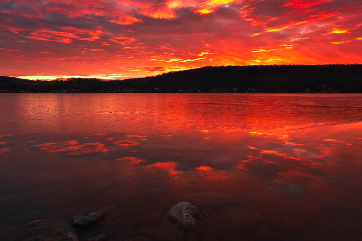 Winter sunsets can be amazing like this one over the thin ice on Otisco Lake.