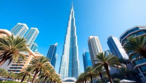 UAE visa reforms 2025 - The Burj Khalifa surrounded by modern skyscrapers and palm trees under a clear blue sky, symbolising opportunities for tourists, expats, and professionals.