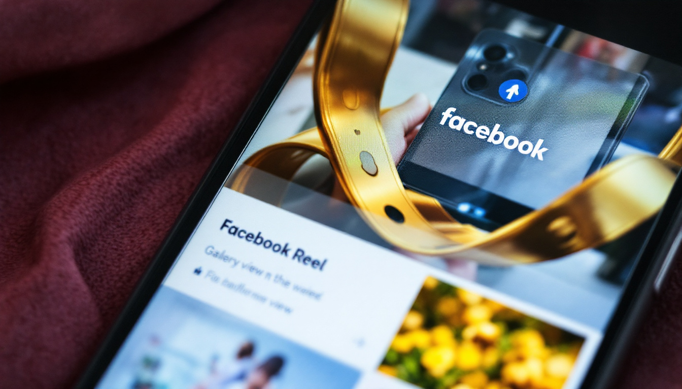 Close-up of smartphone showing Facebook Reels gallery on screen with Facebook app open