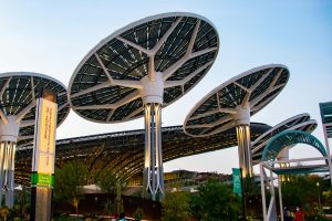 UAEThrive Daily News Roundup showcases solar panel structures in Dubai representing renewable energy innovation.