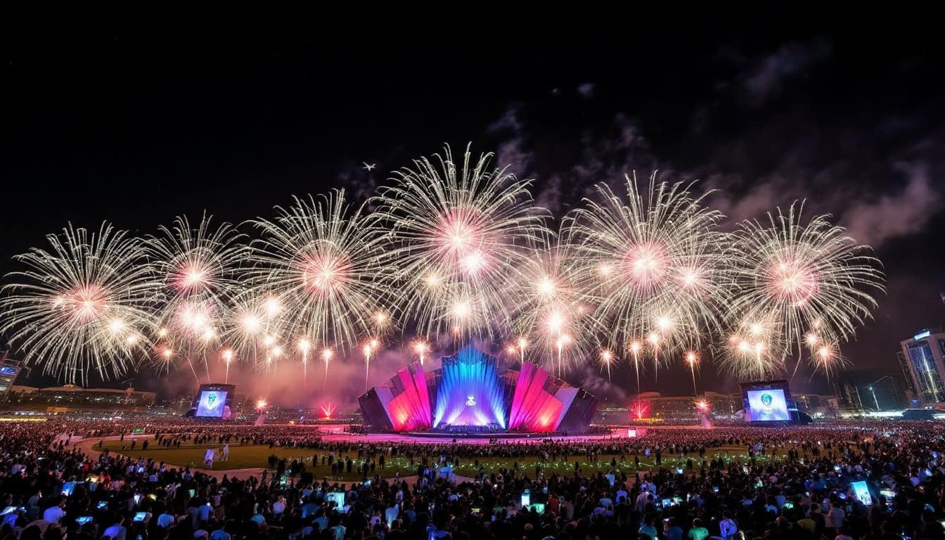 Drone and fireworks display lighting up the night sky at Meydan during the Dubai World Cup 2025 closing ceremony