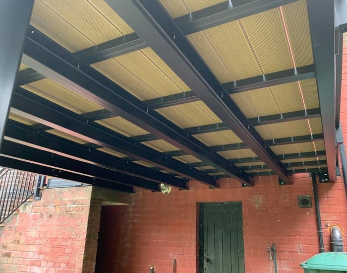 supportive steel beams for raised decking area