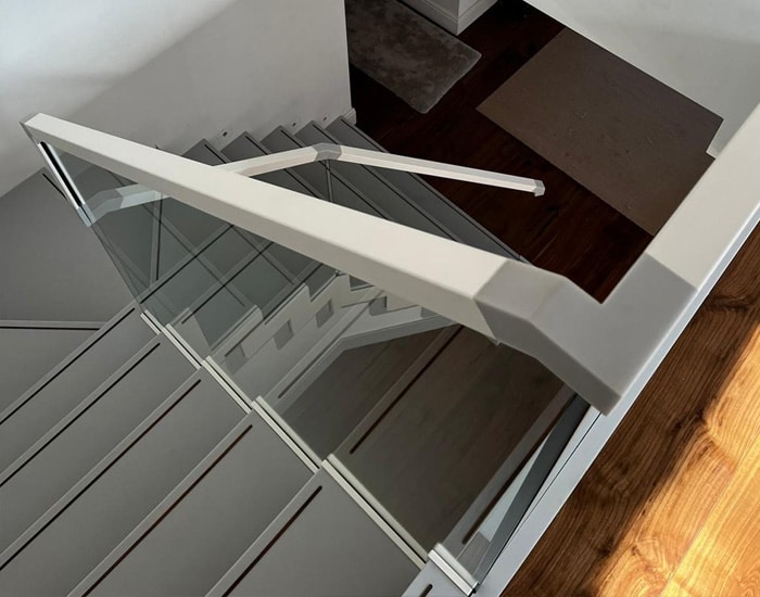 white frameless glass and aluminium staircase top down