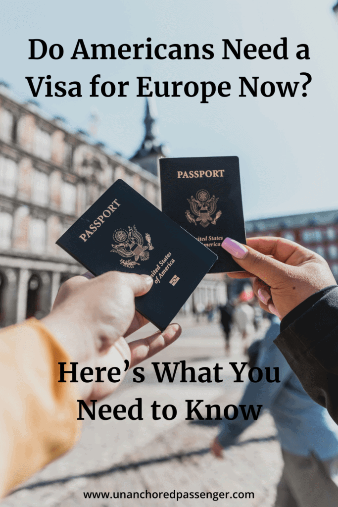 Two people holding passports up together in a European city square with text that says, "Do Americans Need a Visa for Europe Now? Here's What You Need to Know"