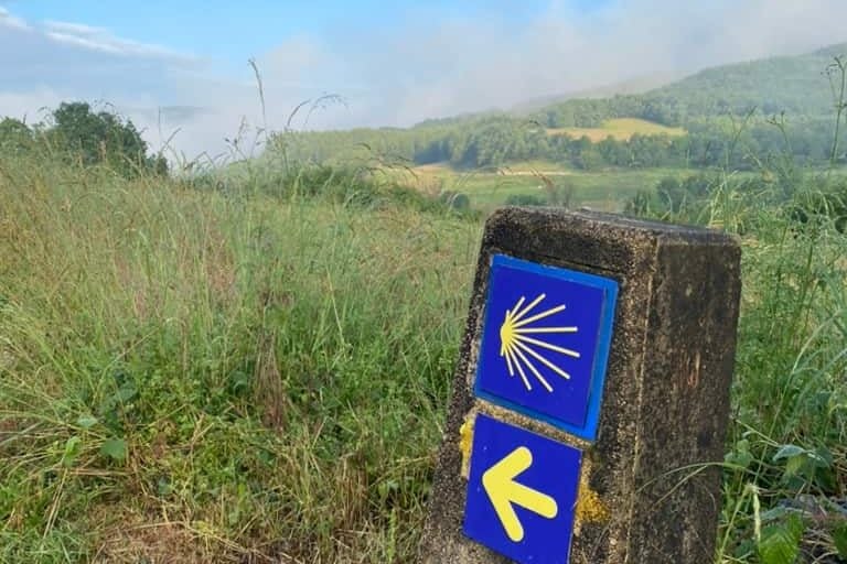 Camino de Santiago path marker pointing the way with fields and mountains behind