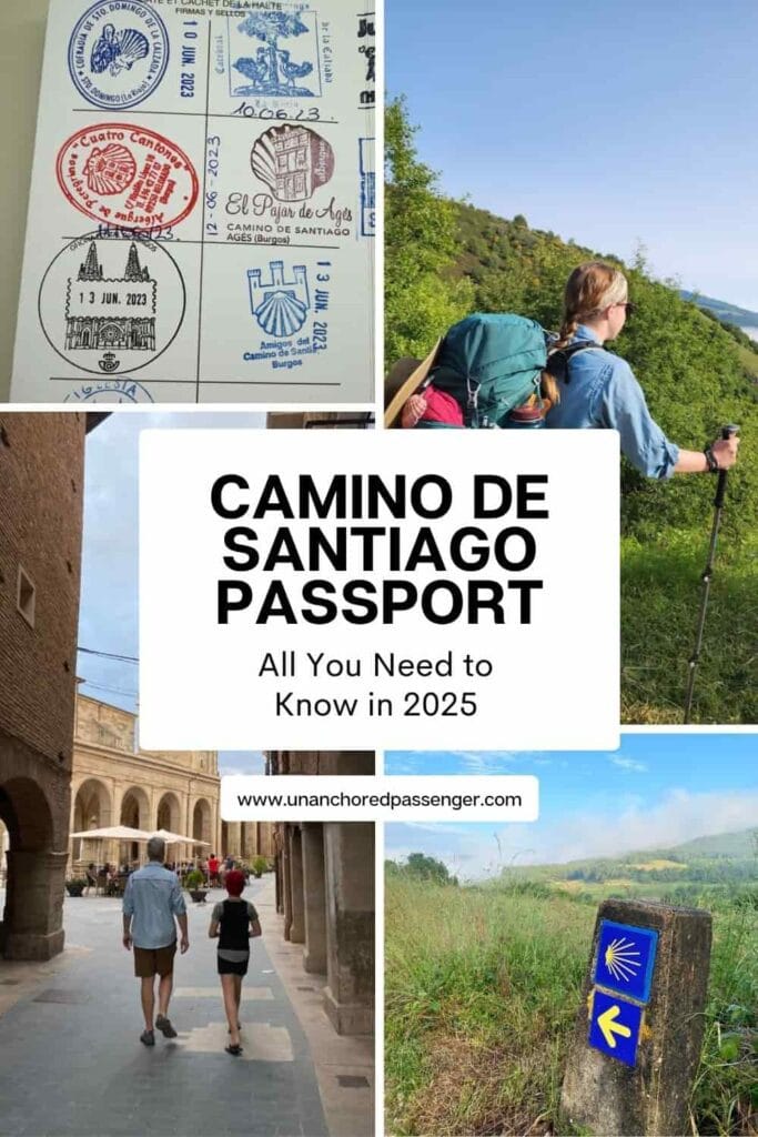 Collage with Camino passport stamps, a pilgrim on the trail, people walking through a town, and a Camino trail marker and text that says, "Camino de Santiago Passport All You Need to Know in 2025”