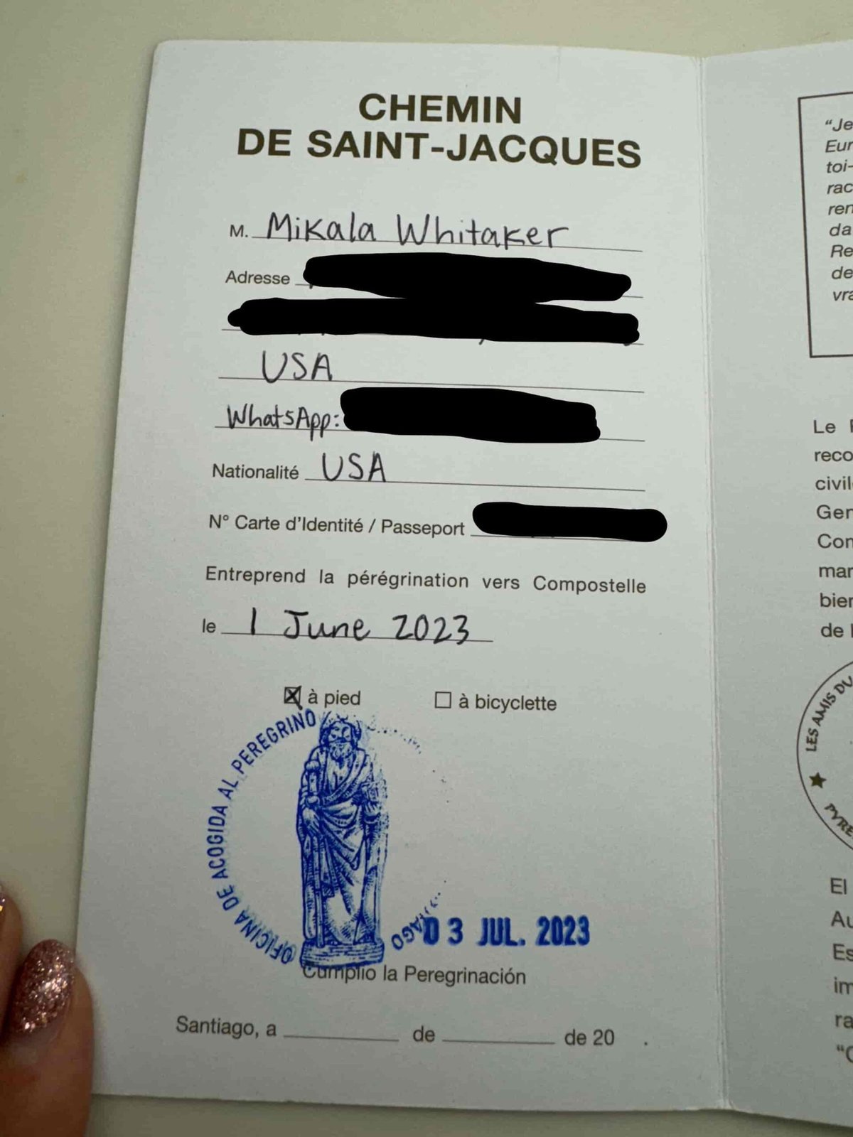 The first interior page of the pilgrim passport with spaces for personal information, including name, address, passport number, and date beginning Camino