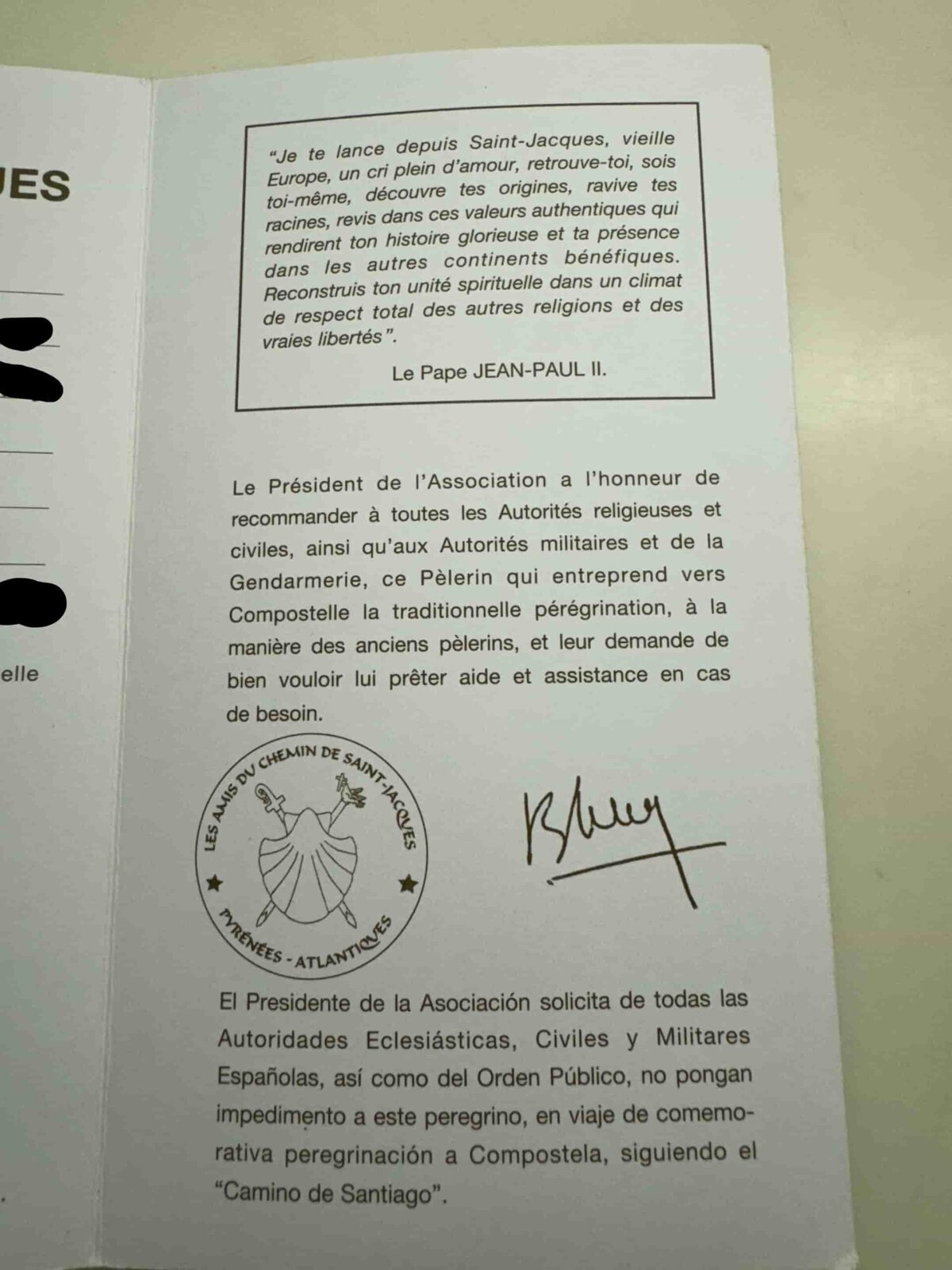 Second interior page of the Camino de Santiago passport with a message from the president of the association