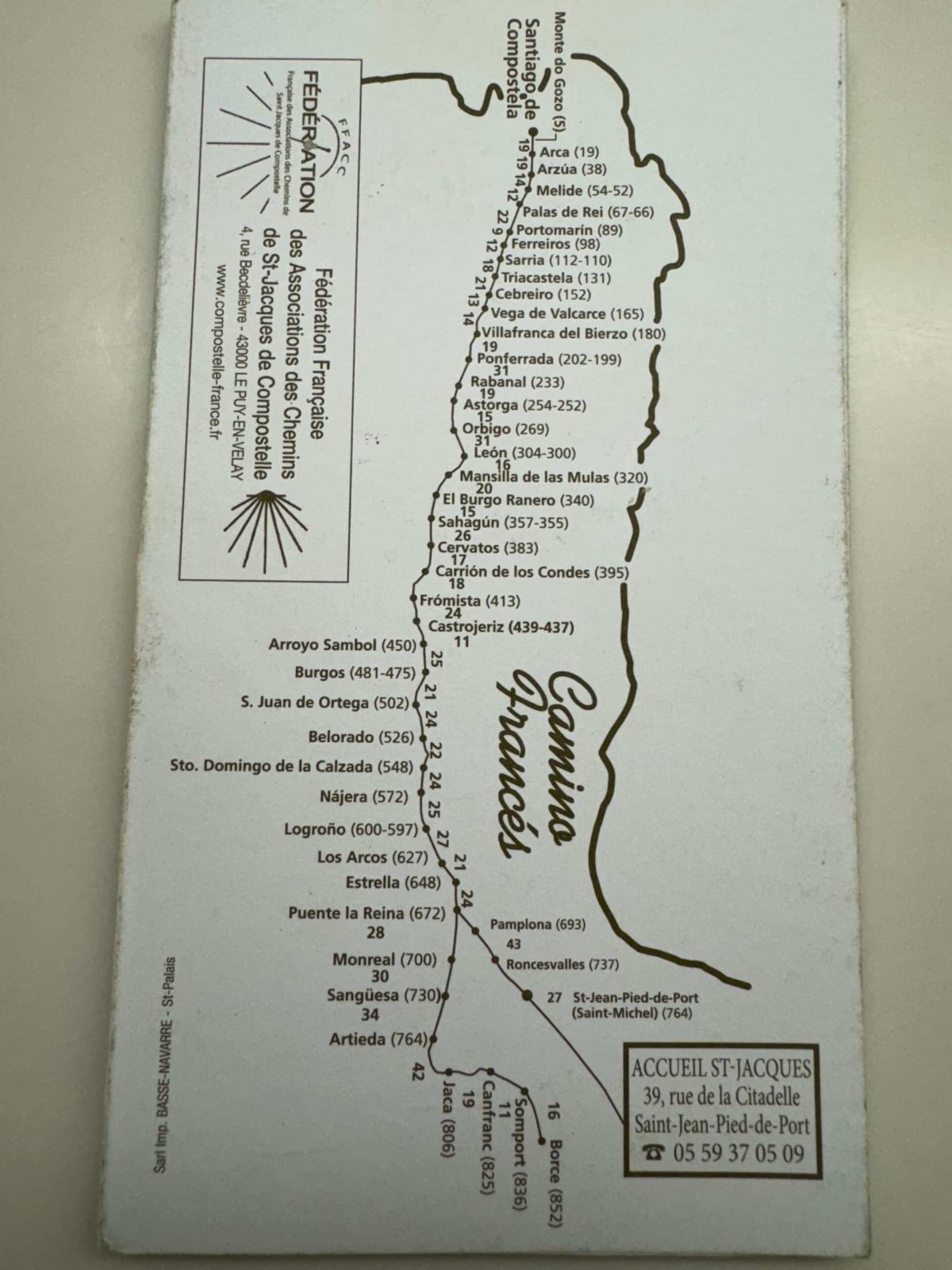 The last outside page of this Camino de Santiago passport includes an overview of the Camino Francés route