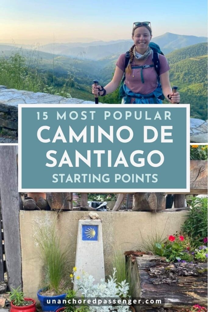 Collage that says "15 Most Popular Camino de Santiago Starting Points" and shows Mikala smiling at an overlook with mountains in the background while hiking and a Camino trail marker surrounded by potted flowers