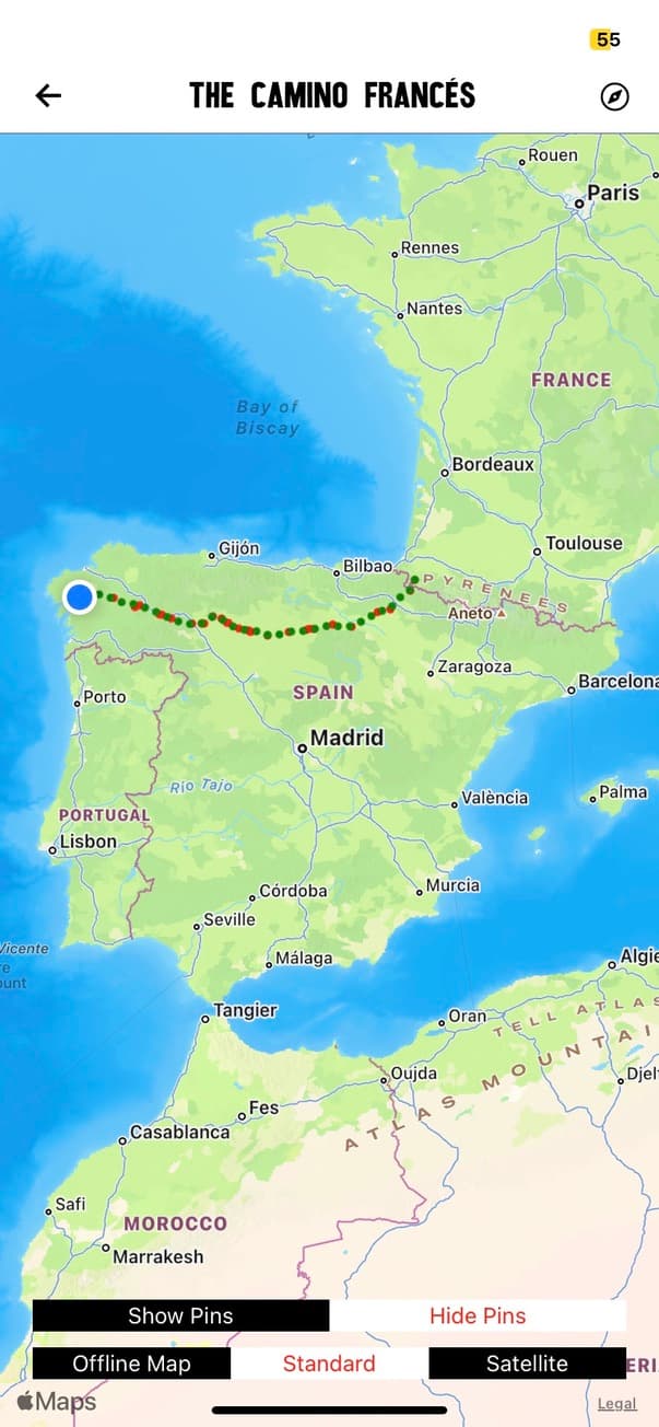 Screenshot from the Wise Pilgrim app showing the Camino Francés route starting on the border of Spain and France, running through all of northern Spain up to Santiago de Compostela in the northwest. This is one of the many Camino routes.