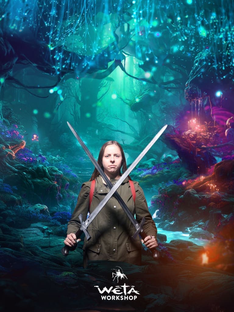 Mikala facing forward with swords two swords crossed in front of her body and a fantastical underwater background behind her. This was one of the official photos taken during the tour.