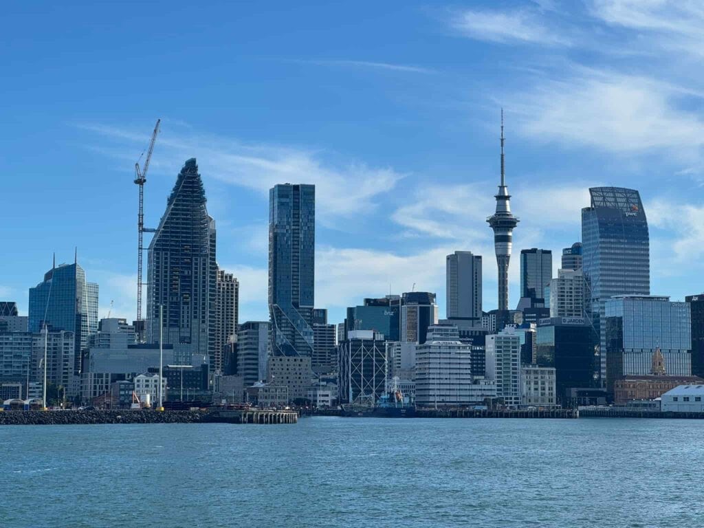 View of the Auckland skyline from the water.