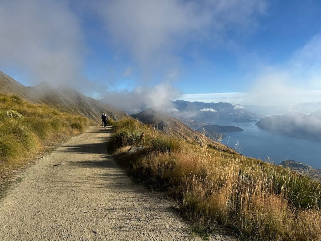 Sun-exposed trail surrounded by grass and Lake Wānaka and mountains visible in the distance.