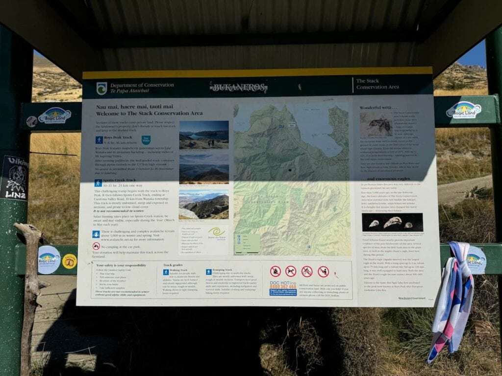 Official trail map and information for the Roy's Peak Track from the trailhead in the parking lot.