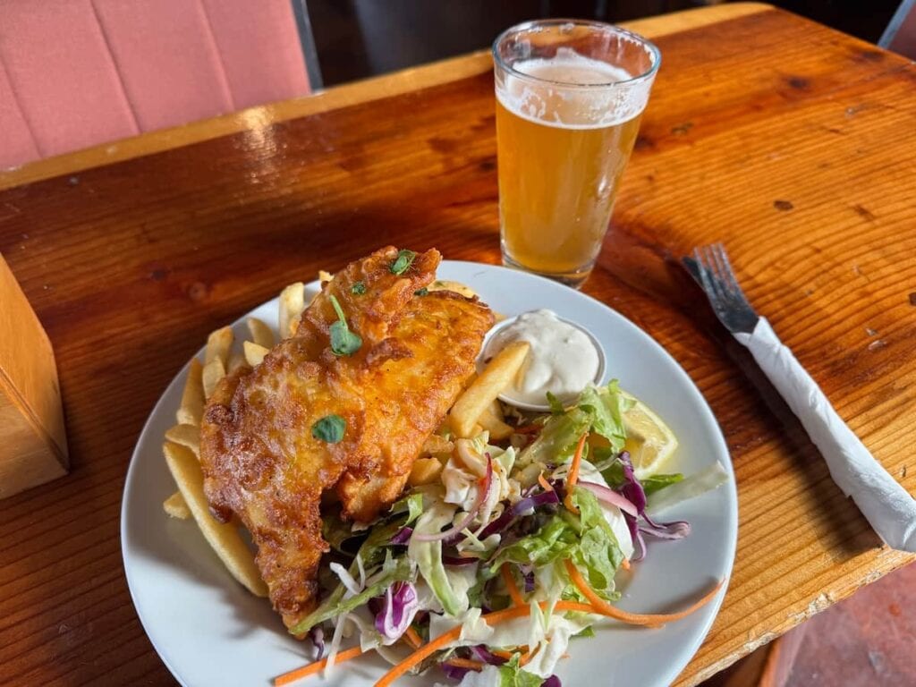 Plate of fish and chips with salad and a beer in National Park, New Zealand.